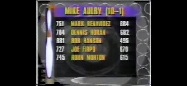 Mark Benavidez at the 1996 American Bowling Congress Masters getting run over by PBA Hall of famer Mike Aulby.