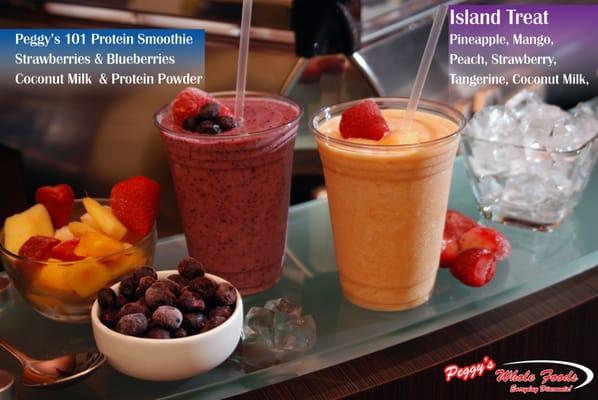 Real fruit smoothies.  Fruit, almond or coconut milk and protein!  Vegan protein is available.