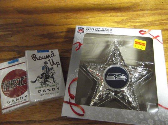 What I got just the other day.. Candy cigs and a Seahawks Christmas Ornament..