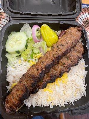 Ground Lamb Kabob - salad and rice.