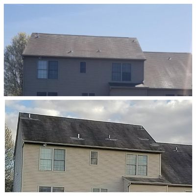 Before on bottom.  After on top.  New shingles are around the vents in bottom picture.