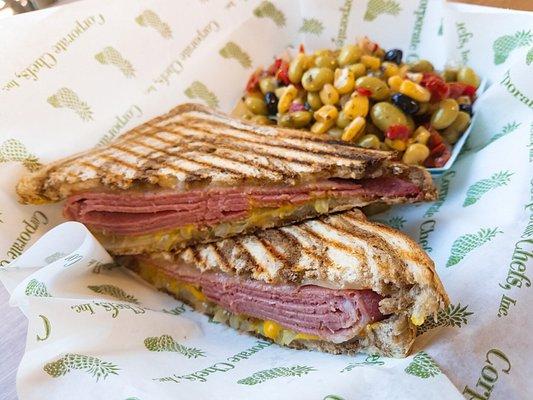 Corned beef panini with edamame salad