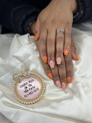 Vacation nails! Acrylic fill with hibiscus hand drawn flowers.