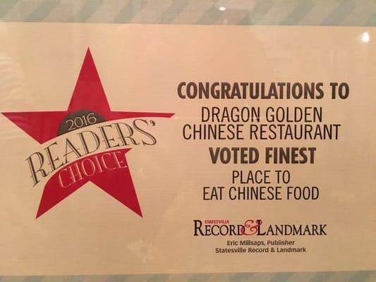 2016 Award for "Place to eat Chinese Food"