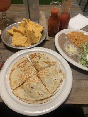 Chicken quesadilla with rice and beans