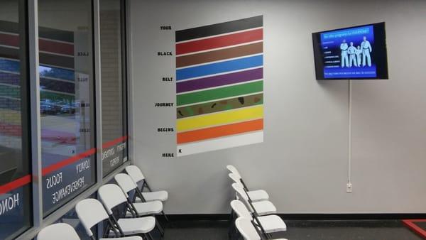 Our wall graphic illustrates how we start at the bottom (white belt) and work our way up to Black Belt mastery