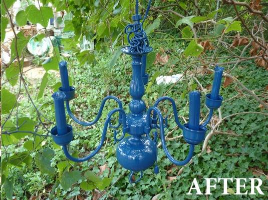 Here's our gorgeous chandelier after a quick coat of spray paint (Habitat Blue colored spray paint of course!)