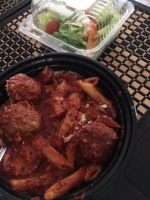 Ziti w/ meatballs and side salad