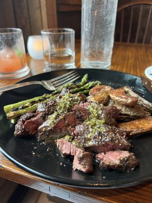 Hanger Steak, medium rare, amazing roasted fingerlings and asparagus.