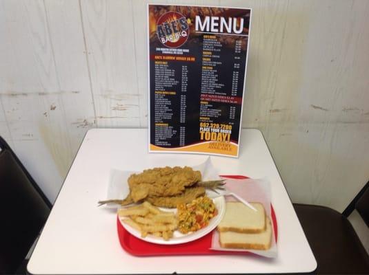 Pan Trout Plate with fries and pasta salad.