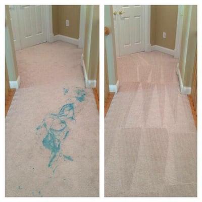 An ice pack exploded on the carpet...before & after!