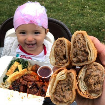 Cheesesteak Egg Rolls and BBQ Chicken Bibimbap