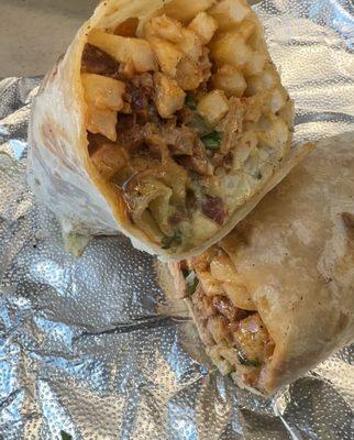 California Burrito - Asada, Fries, Guacamole,  Pico, Sour Cream, Salsa Verde. They also make a California Birria Burrito. Pea Protein!!