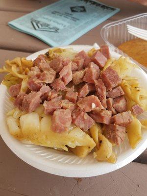 Cabbage, noodles, and corned beef