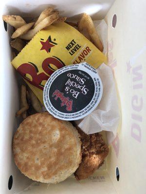 Chicken tenders with fries, Bo sauce and biscuit