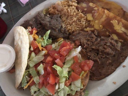 Mexican Plate, Enchilada, Chalupa, Crispy Taco, Rice and Beans