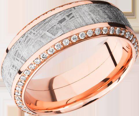 14K Rose Gold band featuring authentic Gibeon meteorite and white diamond accents.