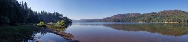 Drone photo of Butt Reservoir behind Ponderosa Flat Campground.