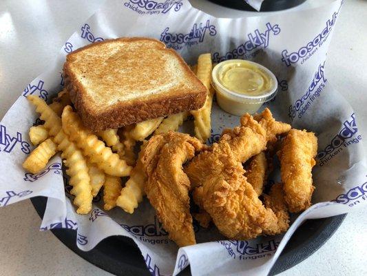 Chicken tender box (with extra fries instead of slaw) with honey mustard that tasted homemade!