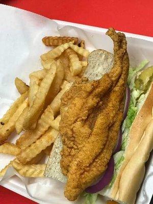 The fried catfish poyboy is crazy good but better with the Voodoo sauce.