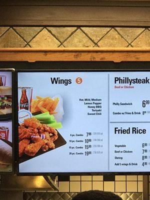 Menu of wing combo