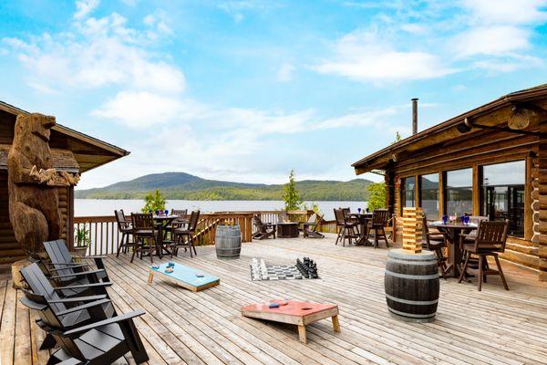 Timbers Restaurant & Lounge at Salmon Falls Resort - outdoor patio. giant Janga and Chess, complete with Corn Hole board. OCEANFRONT VIEWS