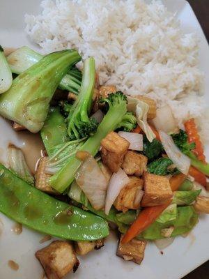 Super flavorful mixed veggies with tofu!  Everything was cut the size to eat too!