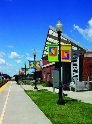 Pole banners at Amtrak train station.