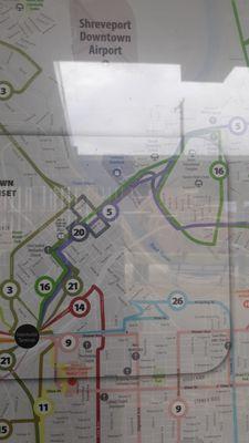 Bus legend & map showing Bosier city busses departing from Shreveport and crossing Red River to Bosier city stops.