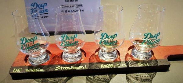 Vodka tasting flight (Deep Ellum Vodka, Strawberry Basil, Apple Pie, and Dill). All delicious!