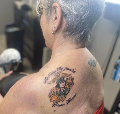 Woman Marine original tattoo for my 69 year old former Marine mom! Only at Velvet Rose!