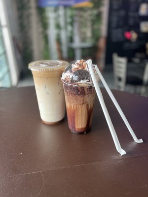 Left: Super Machado caramel with extra shot of espresso and French vanilla Right: Oreo frappe