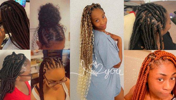 Soft Locs, Bohemian Knotless Braids, Box Braids and Bohemian Braided Updo.