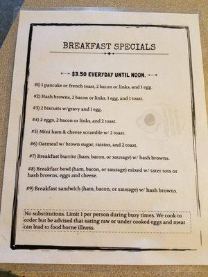 Breakfast Specials menu.