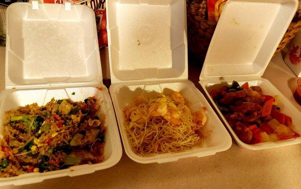 Vegetable fried rice, Rice noodles with shrimp,  Sweet and sour chicken