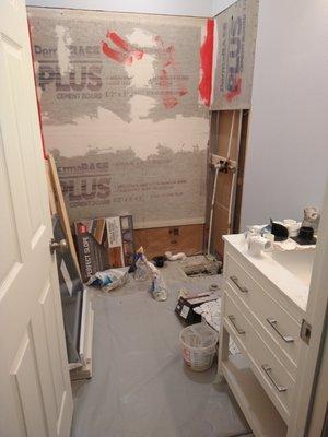 Guest bathroom before Bravo Tile (Joe and Robert). The other contractors left us with this mess. Save yourself the headache and call them.