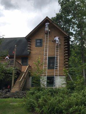 Staining a gorgeous log Cabin in Narrowsburg, NY