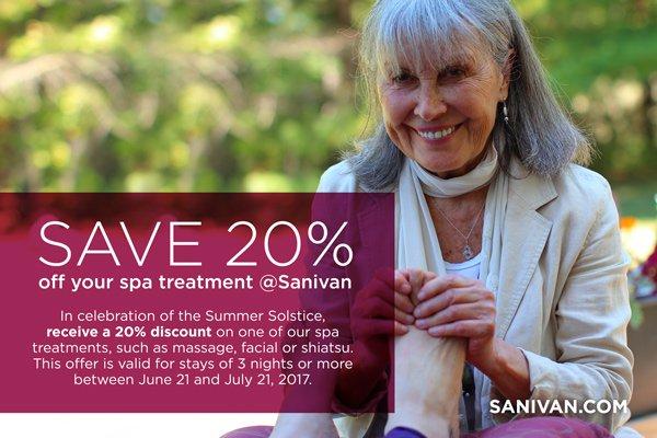 Celebrate the Summer Solstice at Sanivan and enjoy 20% off your spa treatment June 21-July21, 2017.