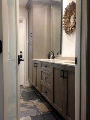 Master Bathroom Remodeling - Boca Raton, FL - Floating Custom Made Vanity and Curbless Shower, Floating Mirrors, Slate Flooring