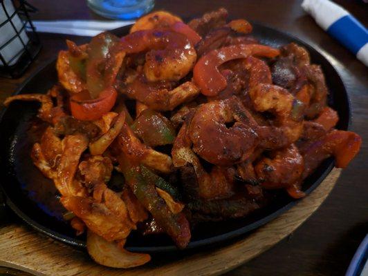 Mixed fajitas. Shrimp, chicken, beef and veggies.