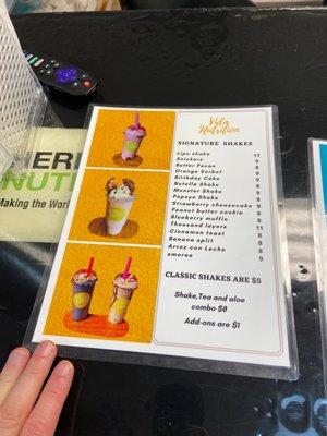 Menu of shakes