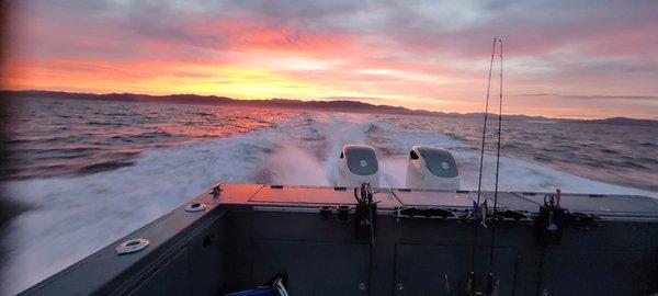 View of offshore sunrise out of Garibaldi Oregon with Pacific Offshore Charters.  This view never gets old.