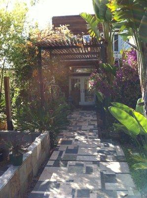 Spring Valley property added trellis to support existing orange bougainvillea and Wisteria