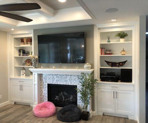 New fireplace and built in bookcases in family room.