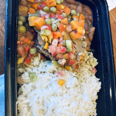 Steak beans, and rice