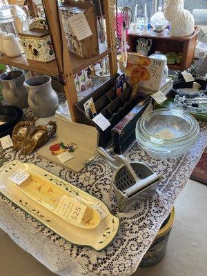 Vintage office supplies, jewelry, stoneware, and vintage Pyrex!