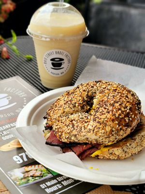 Main St Pastrami Bagel Sandwich + Frozen Pina Colada