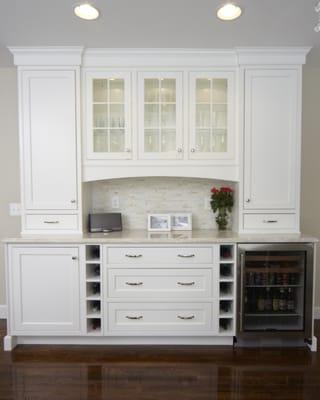 This Dry Bar cabinetry was in the dining area next to a Crisp White kitchen.