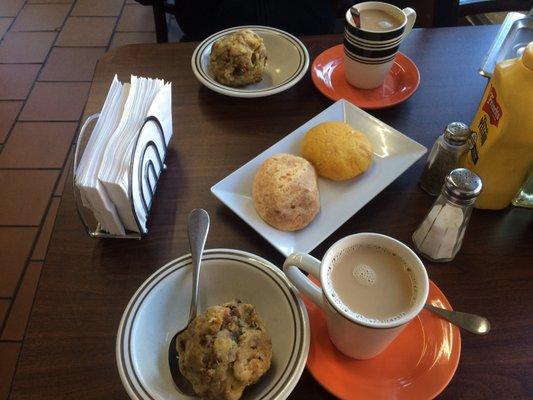 Bollon the chicharrones, pan de almidon, tortillas de Maiz and a large coffee