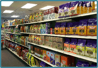 Just a small sample of the many brands of pet foods we carry.